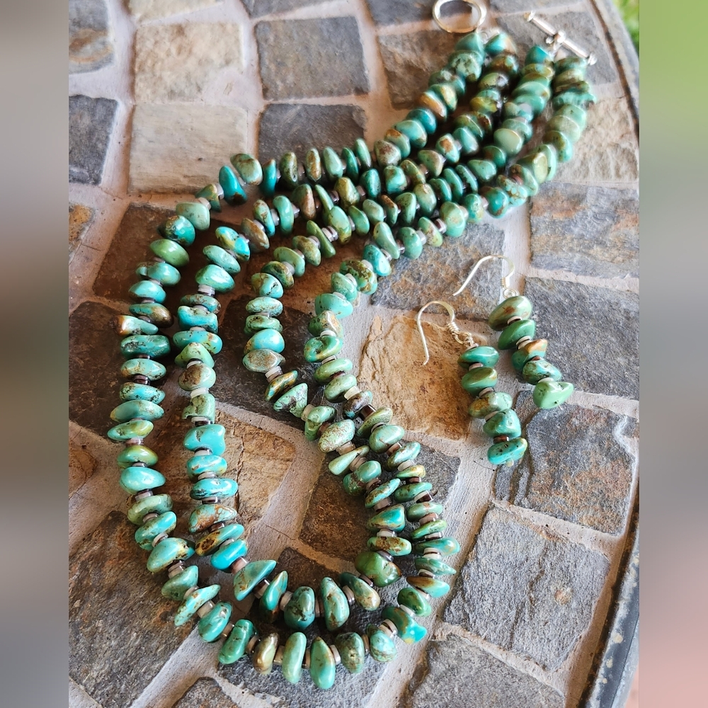 Sterling Silver Genuine Turquoise 2 strand Necklace Set - Picture 7 of 17